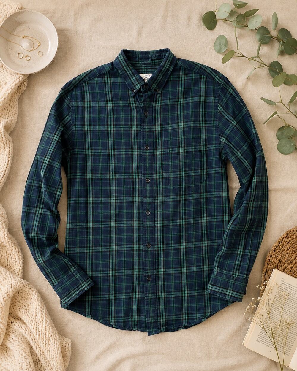 J.Crew Men’s Classic Green Navy Plaid Button Down Shirt Cotton Preppy Academia S